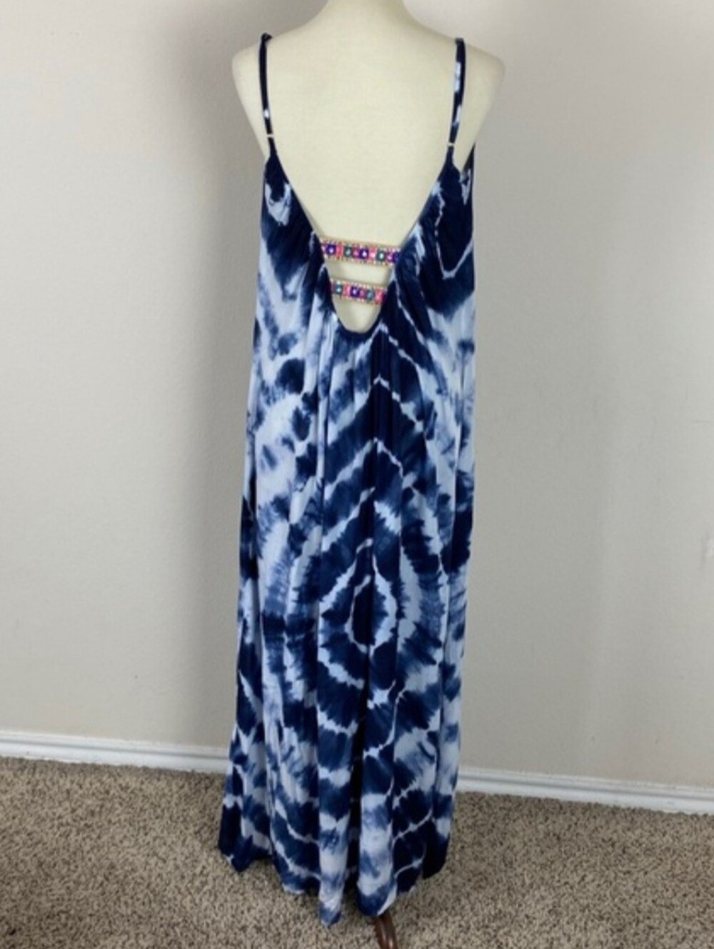 Raviya Blue Tie Dye Boho Hippie Embellished Strappy Fairy Maxi Dress Size Large - Picture 4 of 16